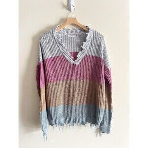 Andree By Unit Womens Size Large Sweater Knit Distressed V neckline Long Sleeved